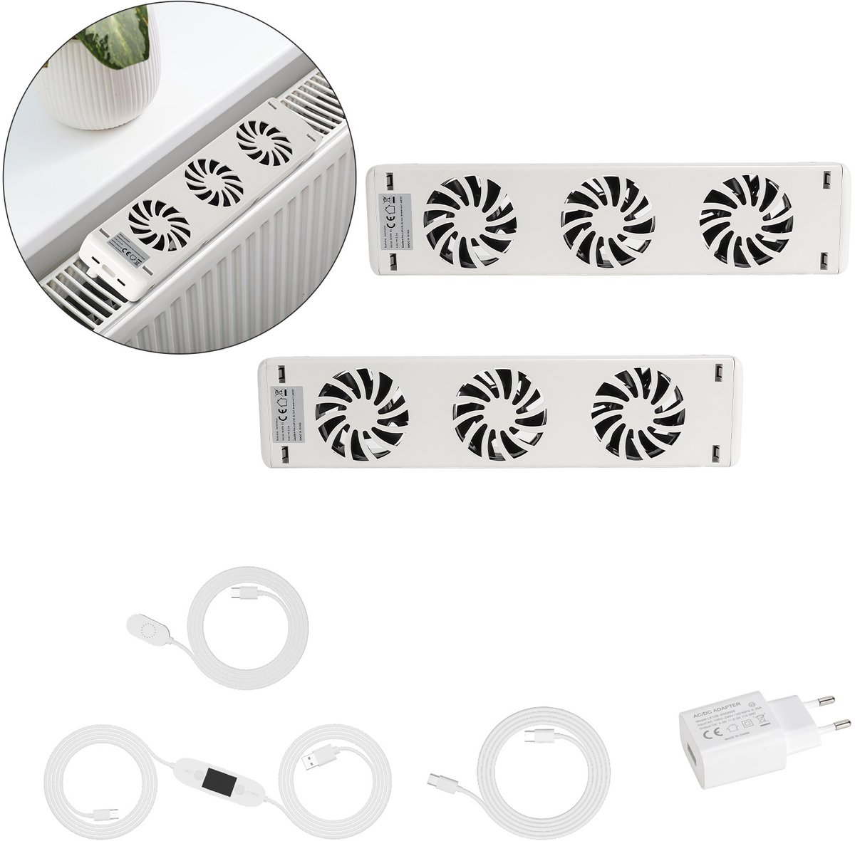 Radiatorventilator, 2 x 3 ventilatoren, thermostaat, tot 100 cm