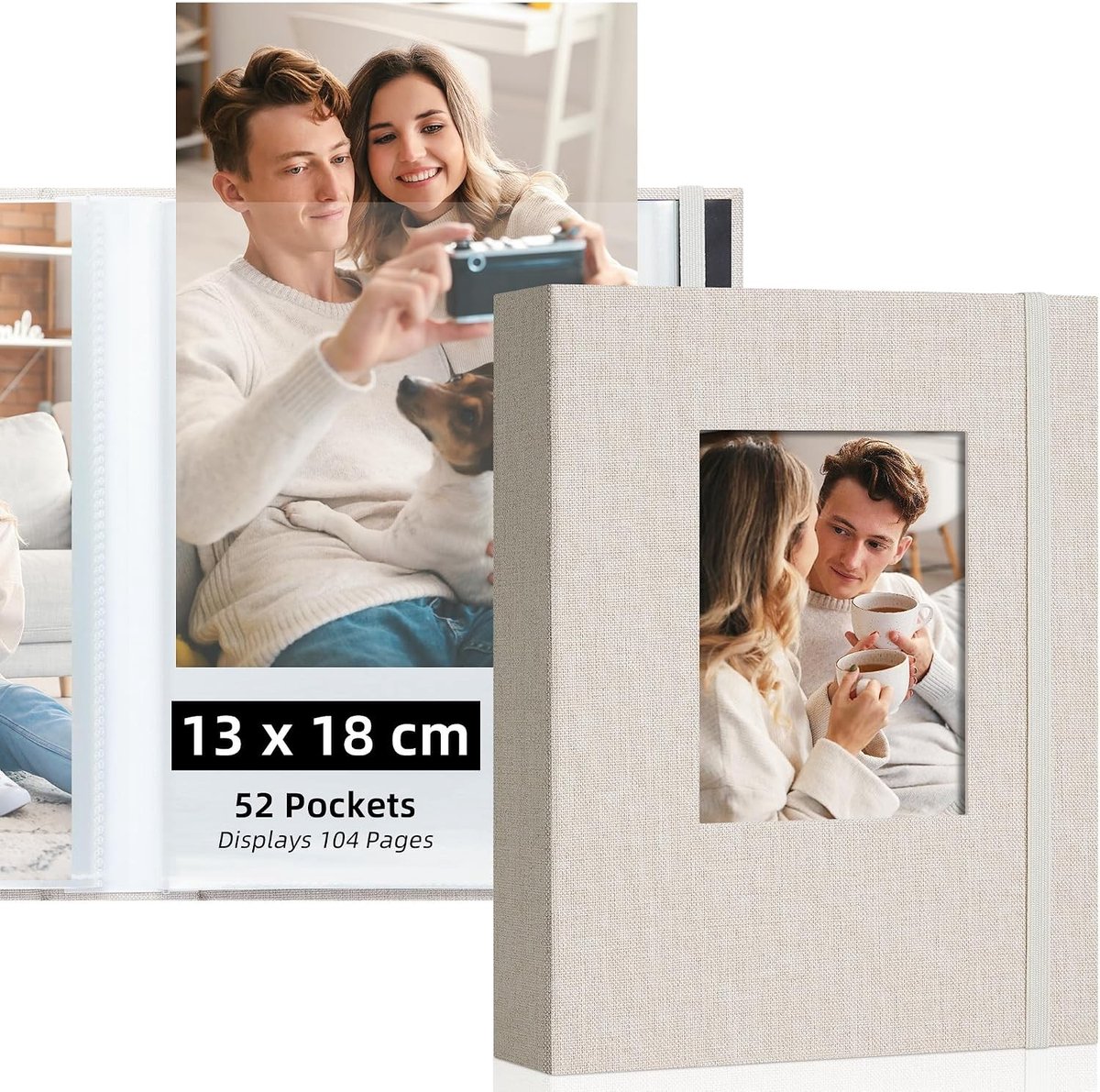 Fotoalbum 7x5, Invoegbaar Ontwerp met DIY Kaftvenster, 52 Pockets voor Herinneringen aan Baby, Bruiloft en Reizen, Beige