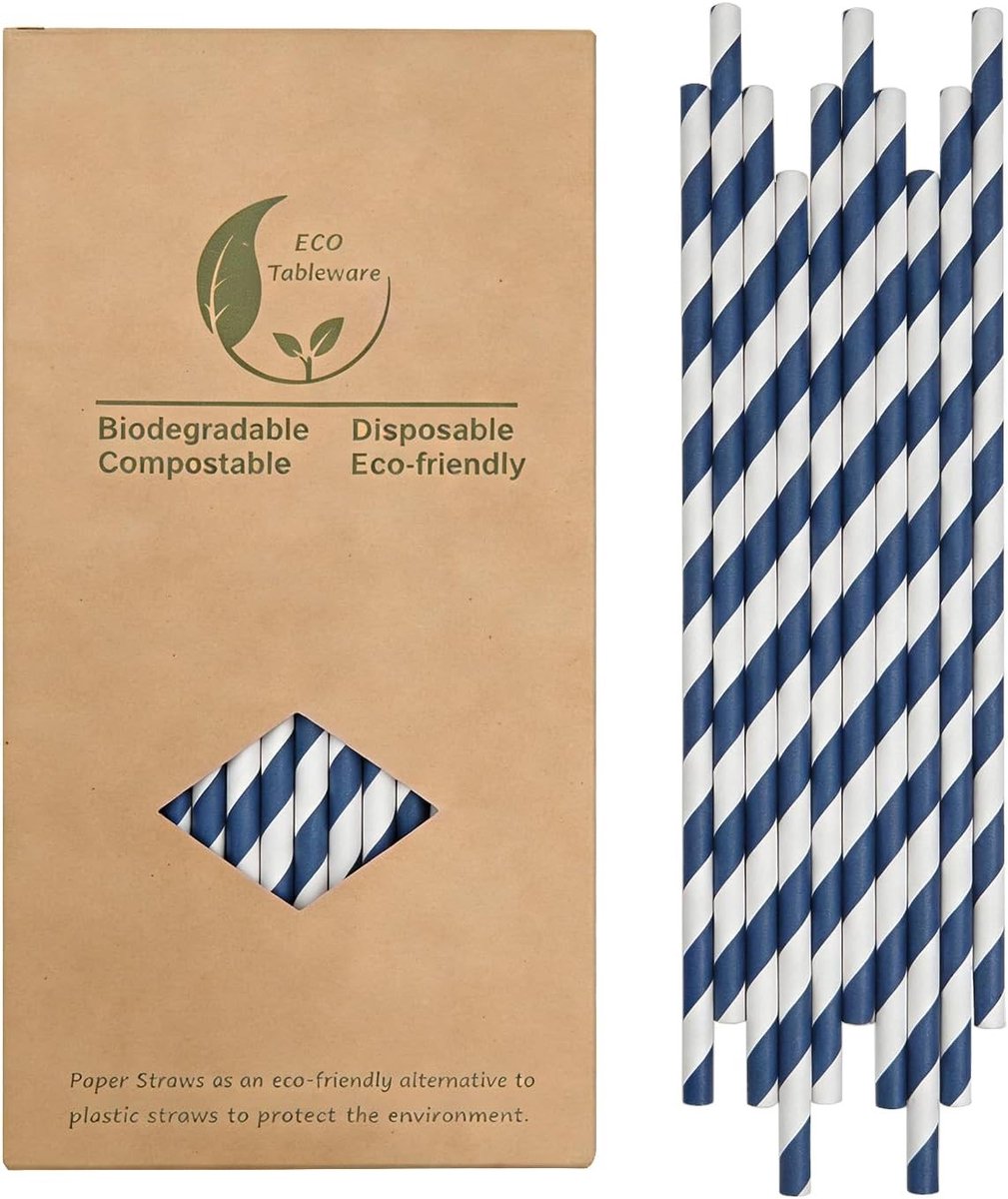 Blauwe Gestreepte Papieren Rietjes 19.8 cm - Wegwerp Rietjes voor Drankjes, Feesten en Bruiloften, Milieuvriendelijk en Duurzaam