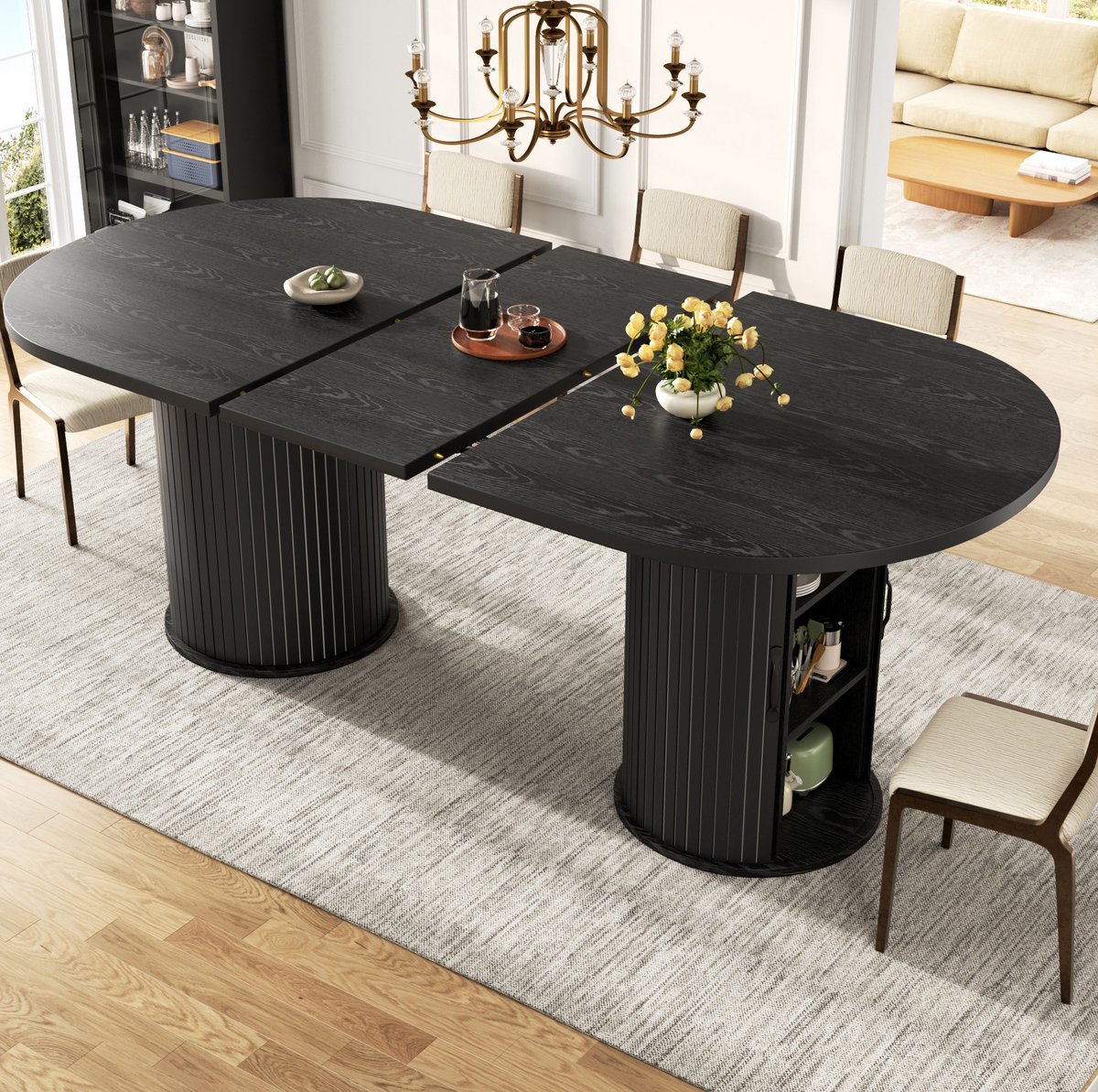 COVREO Uitschuifbare eettafel met vak – 150-190x80x75 cm – Eetkamertafel met metalen frame – Voor eten en werken – Zwart