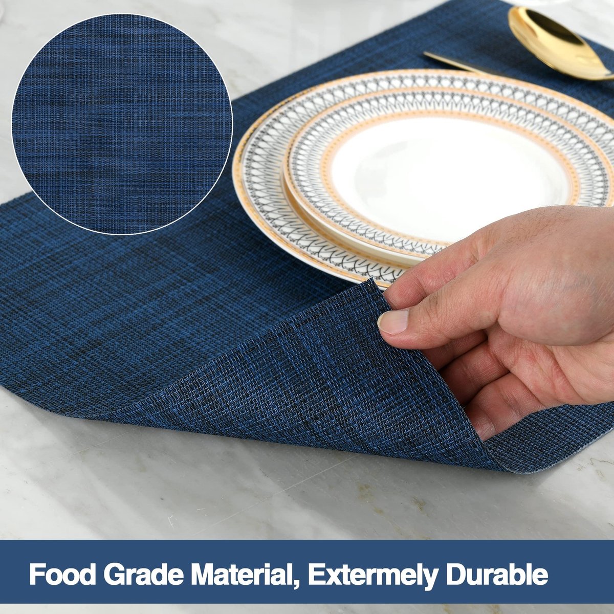 Elzusha - Marineblauwe placemats, set van 6 - wasbare vinyl placemats voor eettafel