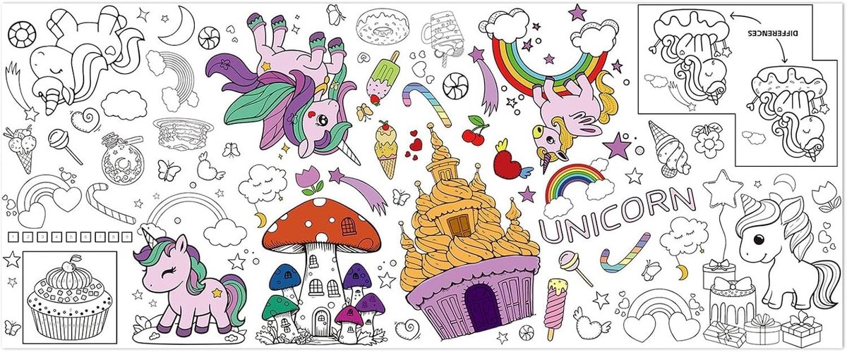 Kleurplaat Tafelkleed voor Kinderen, 72 x 28 inch, Educatief Tekenen met Dieren Thema, Creatieve Activiteit voor Jongens en Meisjes