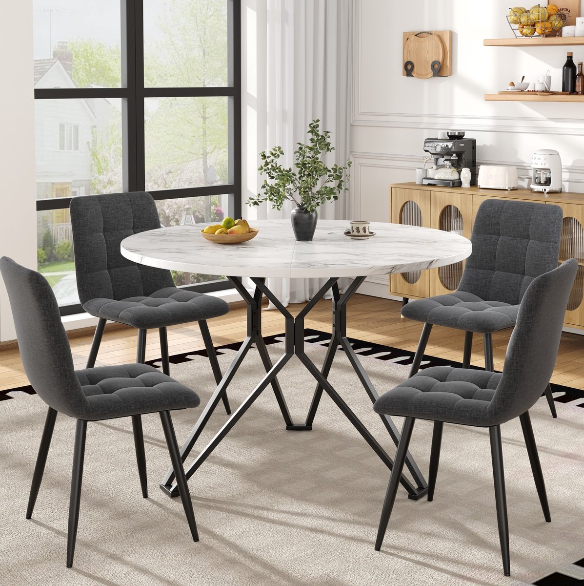 Wishdor Eettafelset met 4 stoelen - Ronde tafel met marmerlook blad - Metalen onderstel en verstelbare poot - Modern - Keuken eetkamer werkplek - Zwart grijs - 100 x 100 x 76 cm