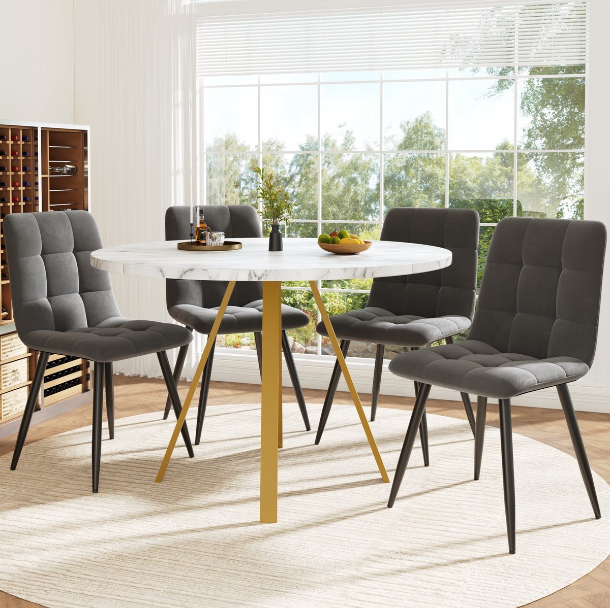 Wishdor Eettafelset - 5-delig - Ronde eettafel met 4 stoelen - Modern design - Eetkamer keuken appartement studio - MDF met metaal en velvet - Wit goud grijs - 80 x 80 x 75 cm