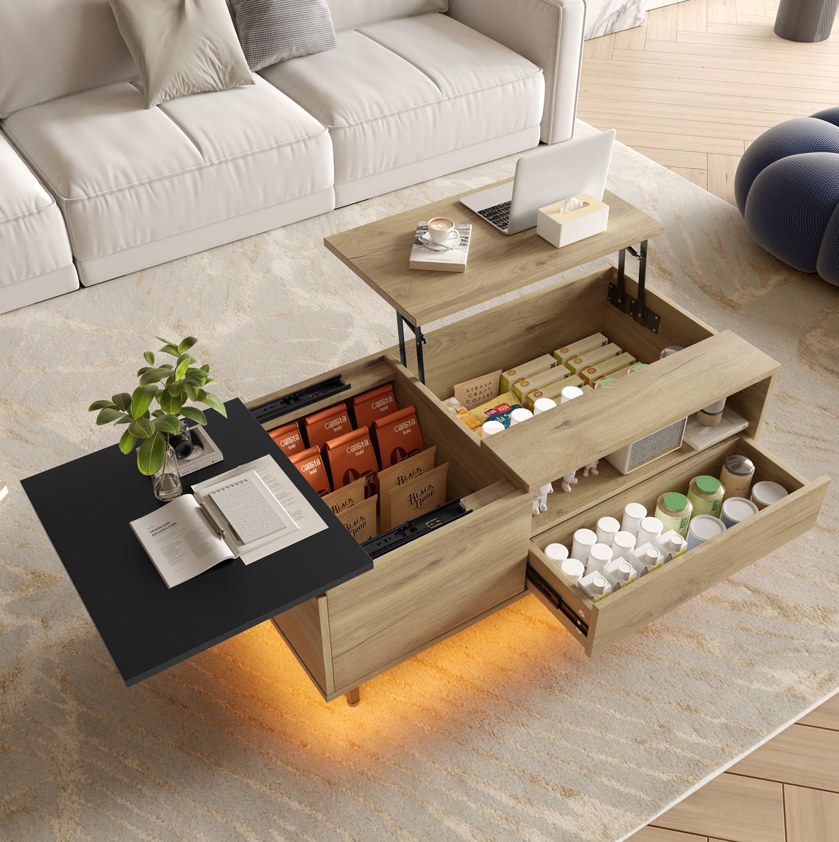 Wishdor Salontafel - In hoogte verstelbaar blad - Lade open vakken verborgen opbergruimte - Modern - Woonkamer thuiswerken - Houtlook metaal - Natuurlijk - 103,5 x 50 x 27,5 cm