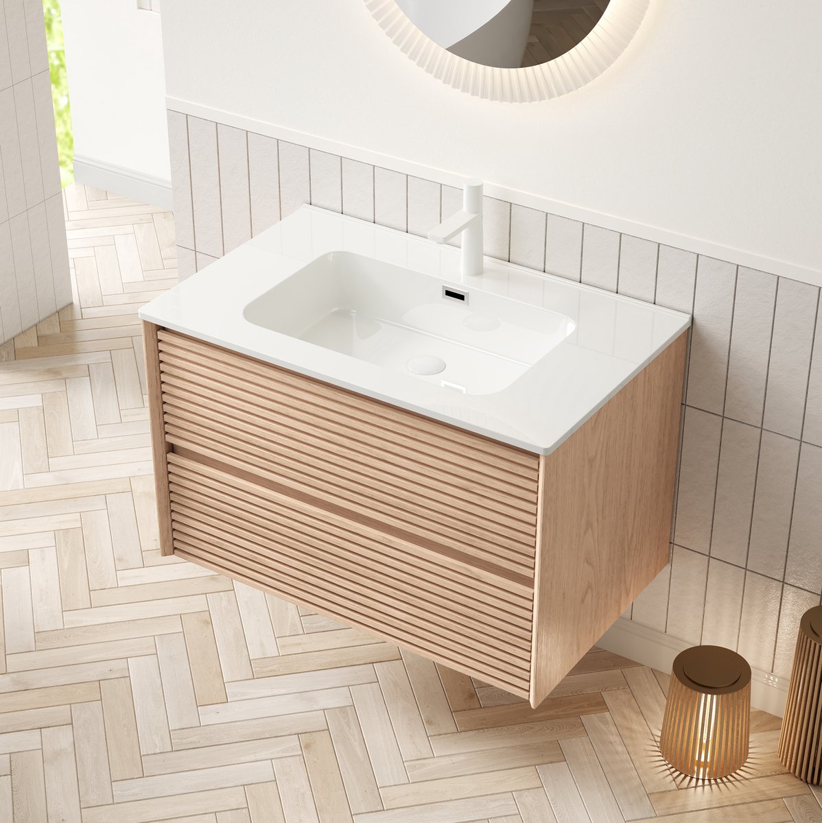 OKWISH Badkamer Wastafelmeubel - Wandgemonteerd - 81 x 46,5 x 50 cm - 2 Lades - Keramische Wastafel - Houtlook Naturel Wit