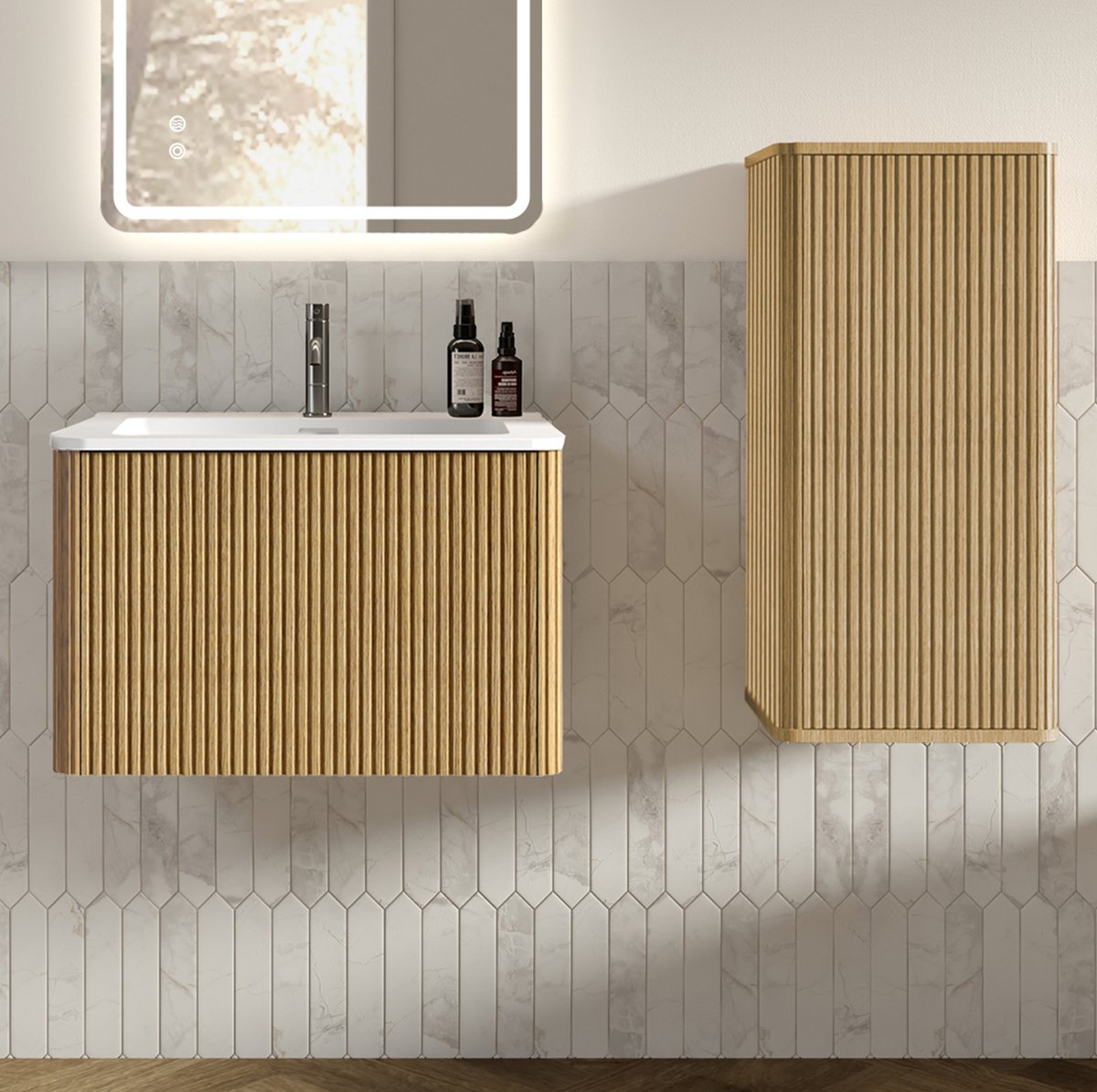OKWISH Badkamermeubelset - Wandhangende Wastafel Met Onderkast En Zijkast - Moderne Opbergruimte Voor Badkamer - MDF Eikenkleur - 61x46,5x75 cm