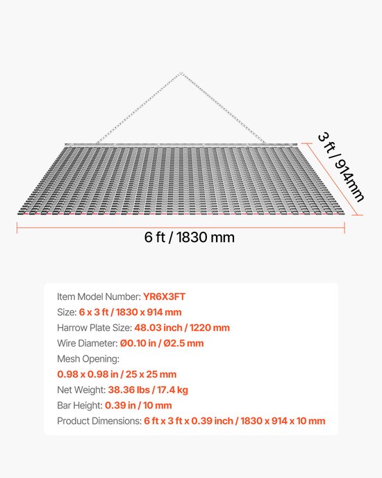 Getrokken Eg 1830x914 mm, Weide-Eg en Akker-Eg van Gegalvaniseerd Staal met Sleepketting, Geschikt voor ATV's, UTV's en Tractoren Om Grindwegen, Paden en Velden Te Egaliseren — afbeelding 3