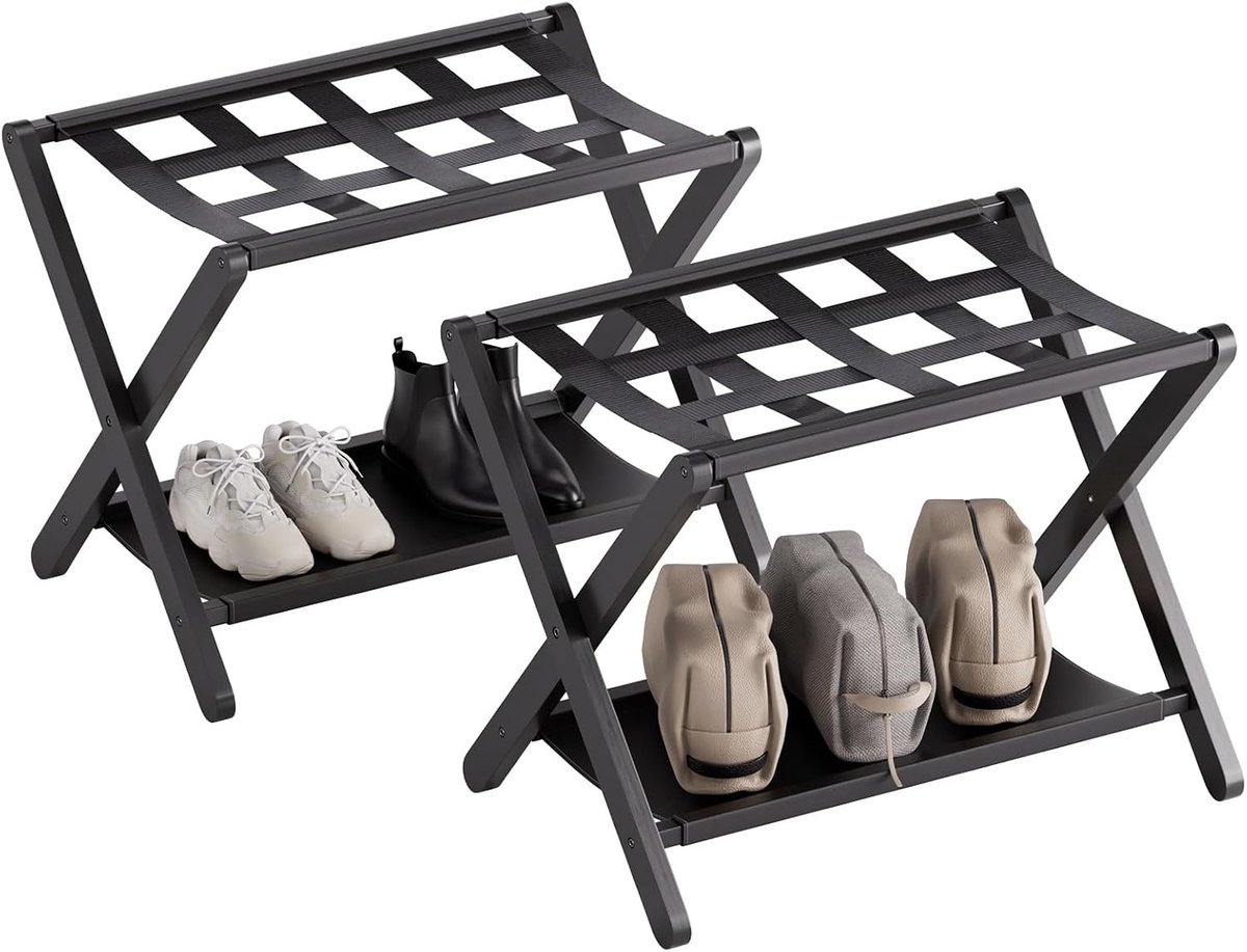 Set van 2 Vouwbare Bamboe Bagagerekken met Opberplank, Ruimtebesparende Kofferstandaard met 5 Nylon Straps voor Hotels en Gastenkamers