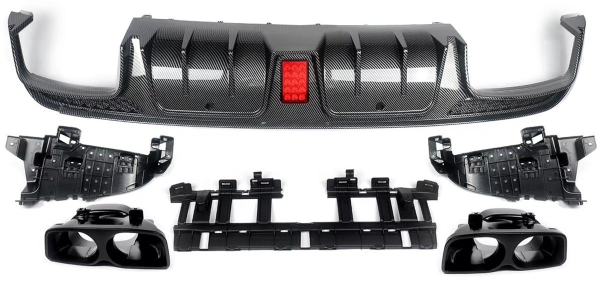 Bumper Diffuser Carbon look - Passend voor Mercedes C, Carbon Look en Achter Diffuser met Uitlaat Endtips - Voor Auto Styling, Vervanging en Tuning