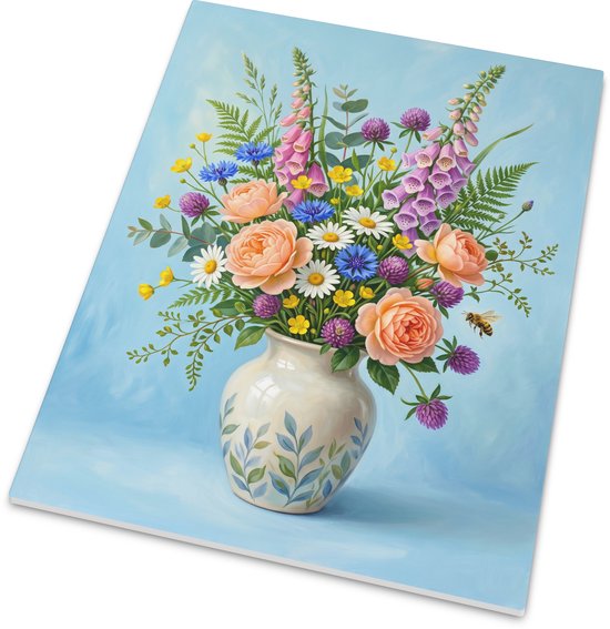 Romantisch veldboeket met vingerhoedskruid en rozen in crèmekleurige vaas - Landelijke bloemen met bij - Tegeltje