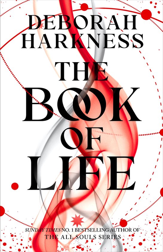Couverture du livre 'The Book of Life' par DEBORAH HARKNESS. Fumée rouge et grise abstraite avec des points et des cercles rouges.