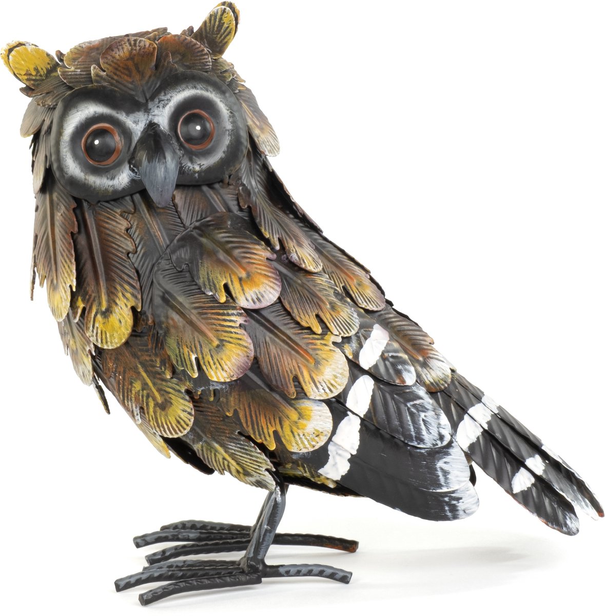 Moritz Decoratieve Uil Geel-Bruin 22 cm – Uilenfiguur van Metaal Handbeschilderd Natuurgetrouw met 3D-Verenstructuur en Veerhoorntjes – Tuindecoratie Dierfiguur in Landelijke Stijl Vintage voor Tuin Terras Balkon Woonkamer en Entree