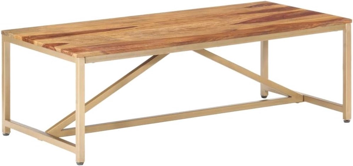 Salontafel Massief Hout - Bijzettafel Stevig - Decoratief Gebruik - Stalen Frame Messinglook - 120 x 60 x 40 cm