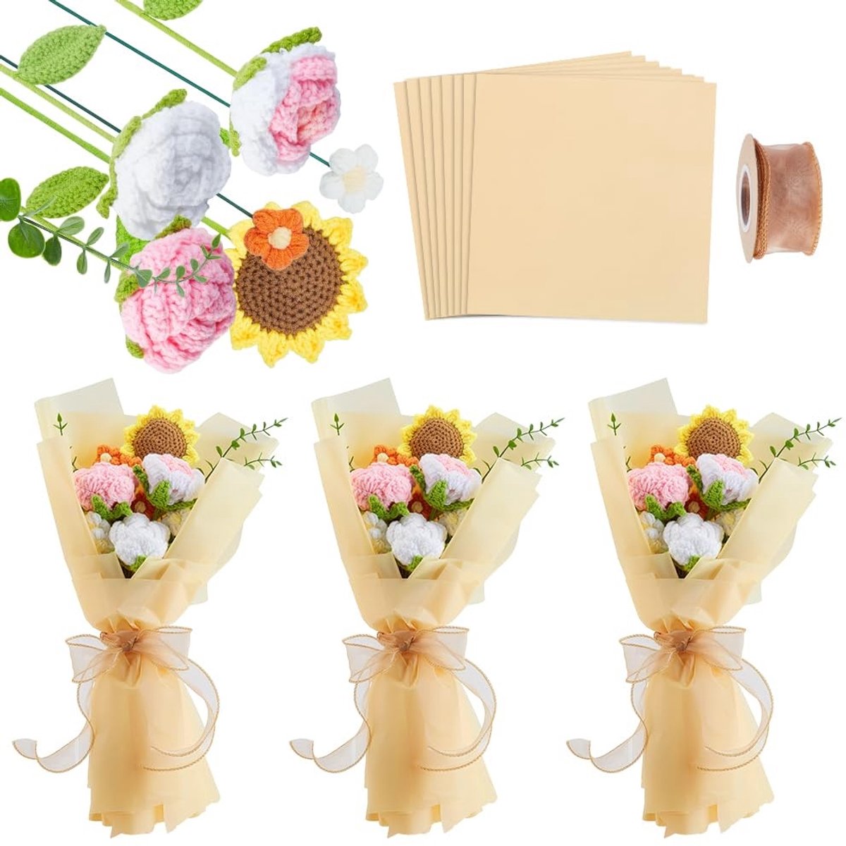 Dailygoods- Bloemboeket Gehaakt - Handgemaakt Rozen/Zonnebloemen - Decoratie voor Thuis/Kantoor - Cadeau voor Vrouwen - Drie Maten - Unieke Liefde - Kunstbloemen