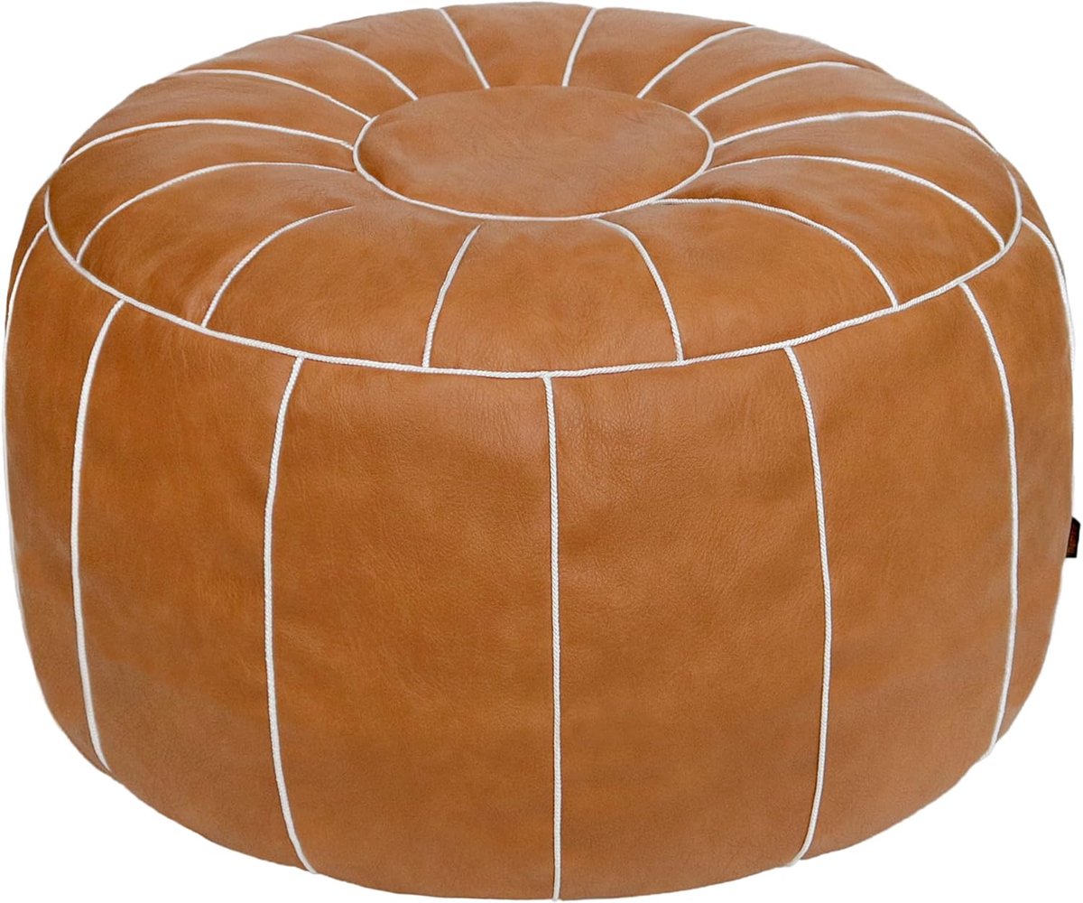 Ronde Poef - Ottomaan Voetenbank - Woonkamer Decoratie - Handgemaakt Vegan Leer - 55 cm Diameter - Bruin