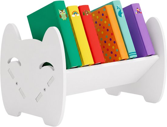 Wit kinderboekenrek in kattenvorm met gekleurde kinderboeken.