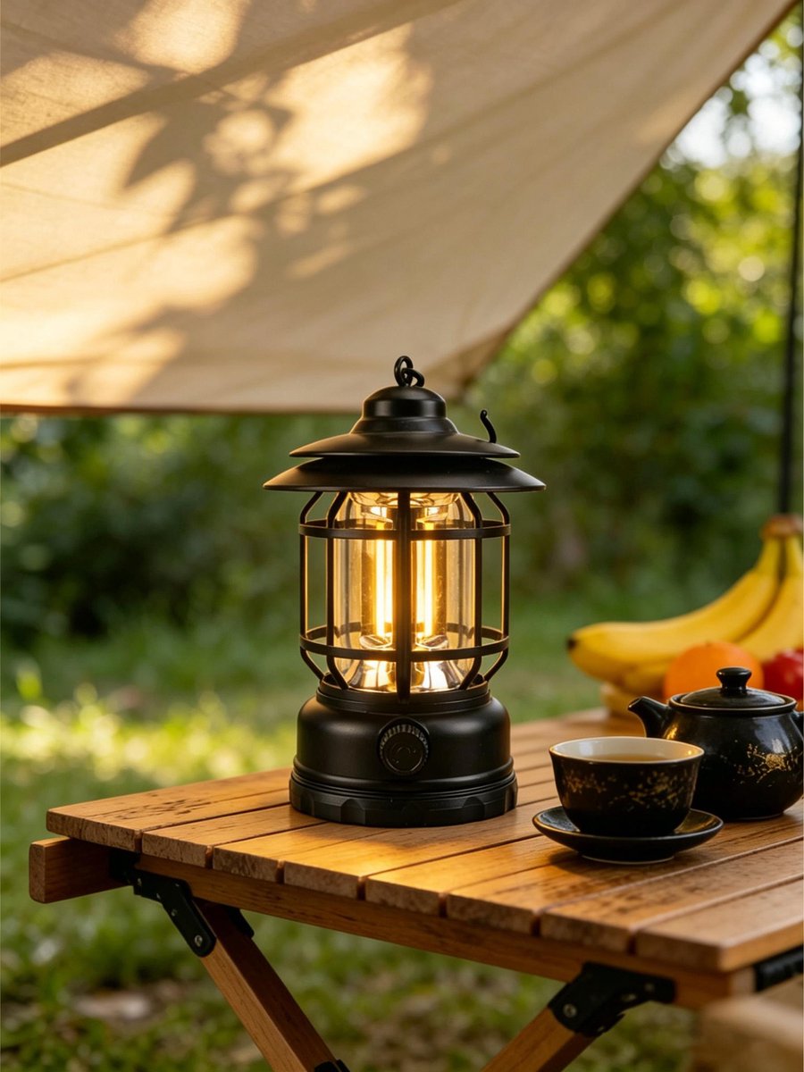 Zwarte campinglamp 1500 lumen traploos dimbaar lichtgewicht werkt op batterijen en is oplaadbaar via USB Geschikt voor binnen- en buitengebruik kamperen stroomuitval en wandelen