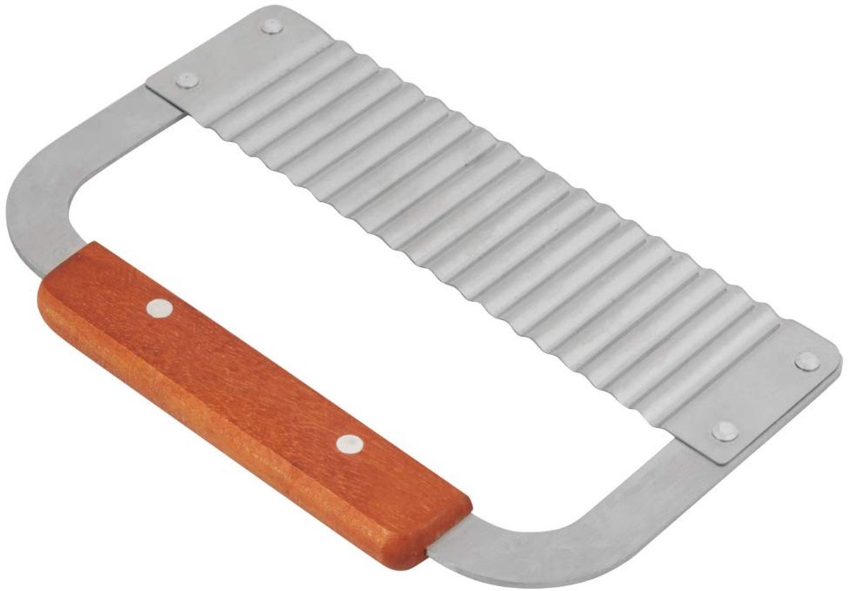 Dailygoods- Groentesnijder Roestvrij Staal - Golfzeepsnijder - Handmatige Snijder - Hardhouten Handvat - Duurzaam - Afmetingen 18,5 x 12 x 1,5 cm