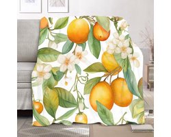 Flanellen Deken - Spri Plaid - Gezellig Ontspannen - Aquarel Oranje Bloemen - 130 x 150 cm - Wit
