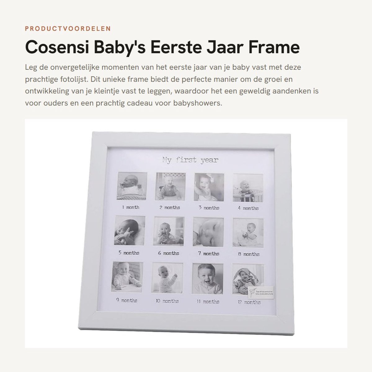 Dailygoods- Fotolijst Baby Eerste Jaar - Collage Fotolijst - Baby Groei Record - Wit - Dichte Plank - Afmetingen 25x25 cm - Groeifotolijst