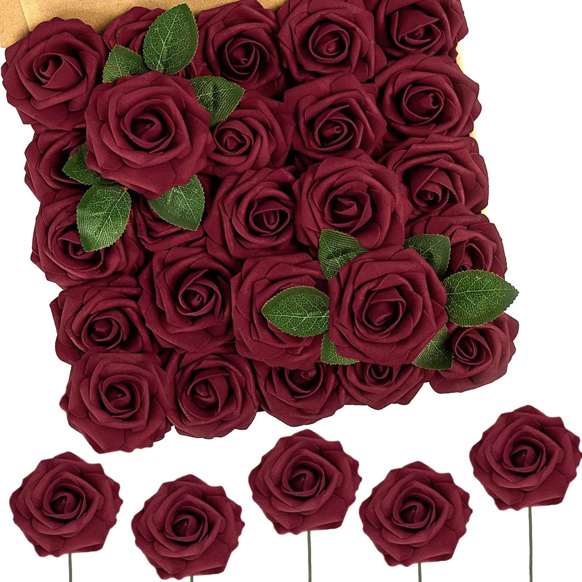 Dailygoods - N&T NIETING Kunstbloemen, rozen, 50 stuks, kunstrozen met steel, doe-het-zelf decoratie, voor bruiloft, boeketten, bruid, woondecoratie, donkerrood