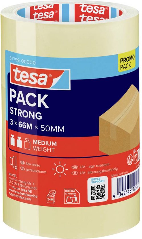 Tesa Pack Strong tape, Promo Pack, 3x 66 m x 50 mm, medium weight, met afbeelding van een kartonnen doos.
