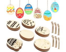 Dailygoods - Youery 24 stuks paaseieren om te beschilderen, paaseieren om op te hangen, houten schijven met gat om op te hangen, voor Pasen, doe-het-zelf kunsthandwerk en kindercadeaus