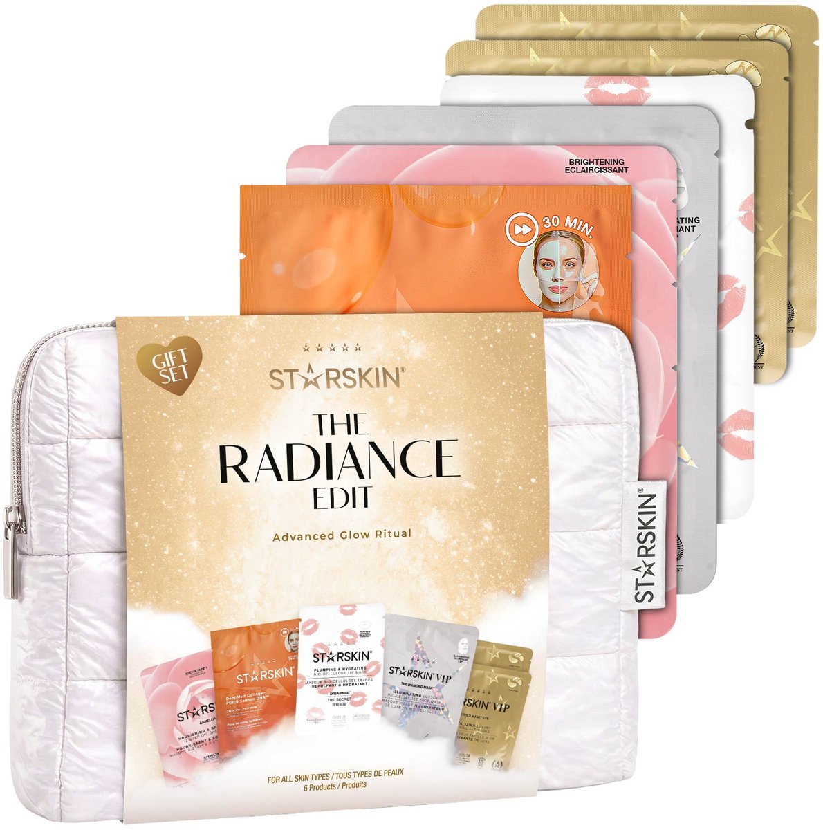 STARSKIN The Radiance Giftset - Hydraterende, stralende en glanzende huid – 6 maskers voor gezicht, lippen en ogen – Inclusief Toilettas – Perfect cadeau voor beauty lovers – Koreaanse huidverzorging