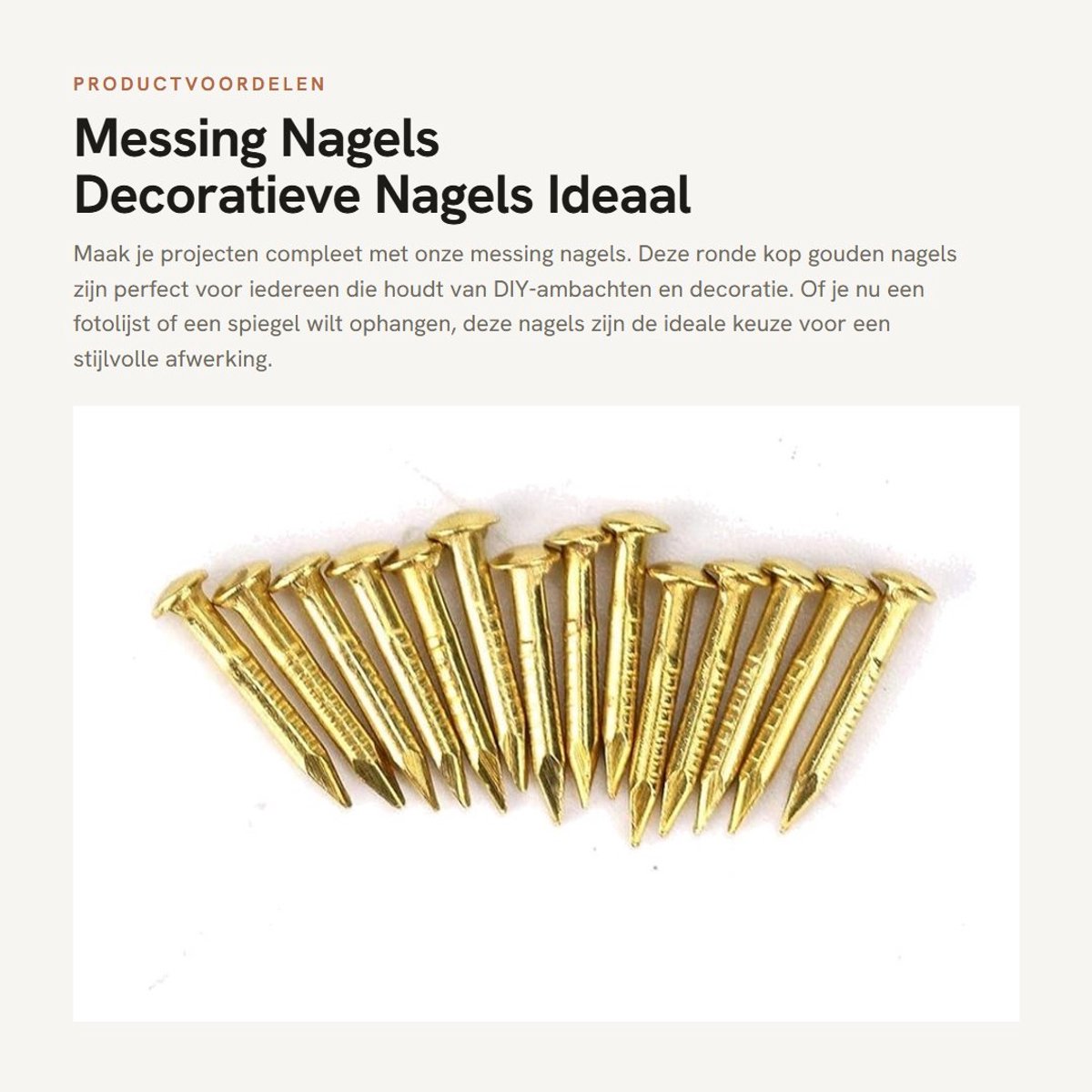 Dailygoods- Messing Nagels 100 Stuks - Ronde Kop - Decoratieve Hardware - Voor Hout/Gipsplaat - Fotolijst/Spiegel Ophangen - Premium Materiaal - Spijkers