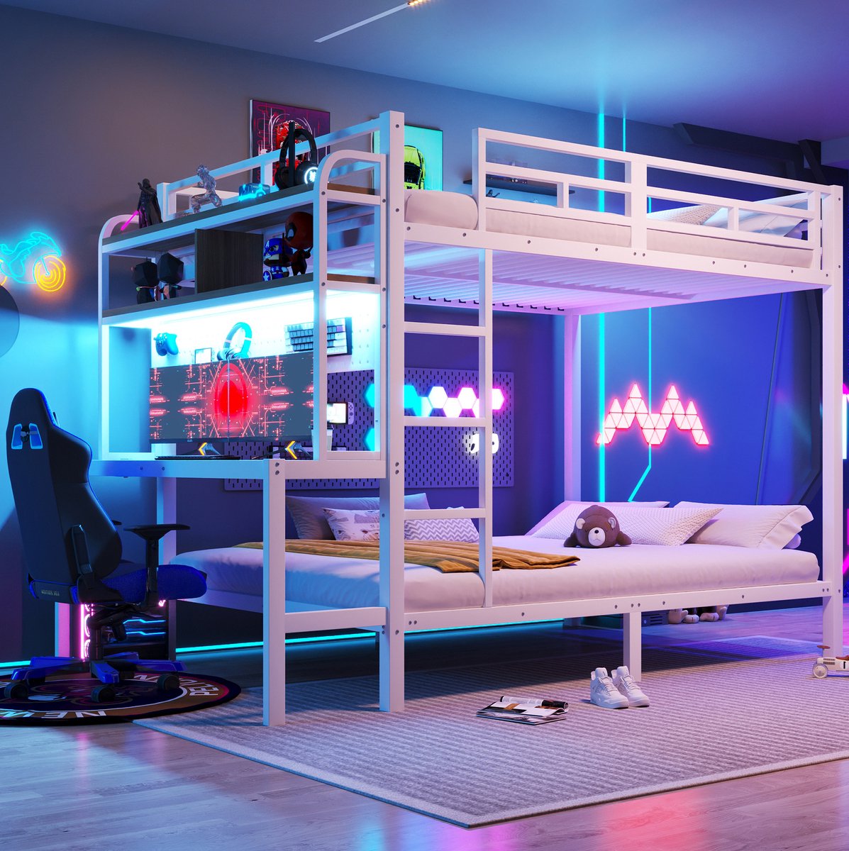 MEUNIQ stapelbed 140 x 200 cm met bureau, opbergrekken, LED-lichtstrip, USB-aansluiting, veiligheidshek en ladder voor kinderkamer, wit