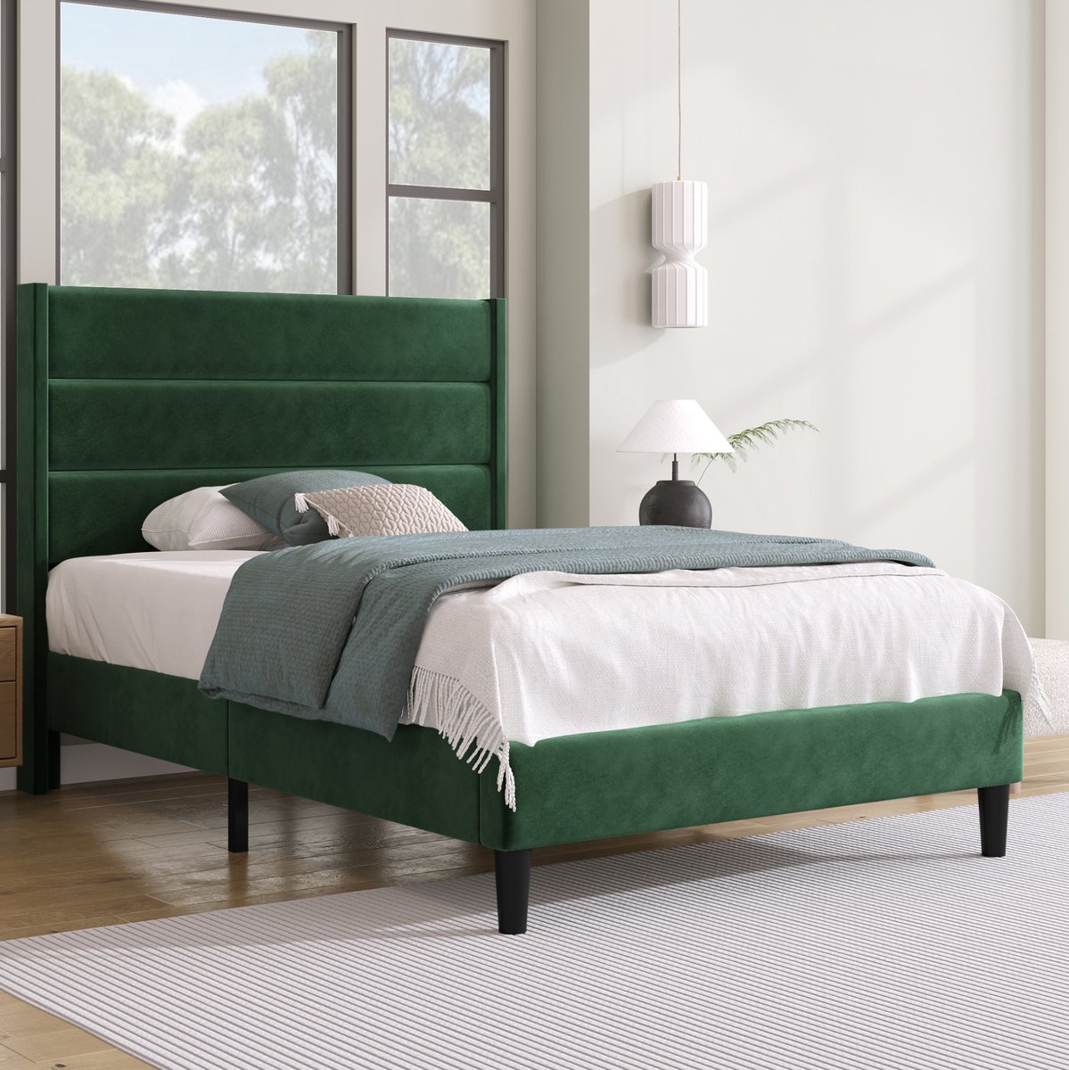 MEUNIQ gestoffeerd bed 90 x 200 cm met hoofdbord en lattenbodem, fluwelen bedframe voor slaapkamer, eenpersoonsbed met 16 cm ruimte onder het bed, groen Donkergroen
