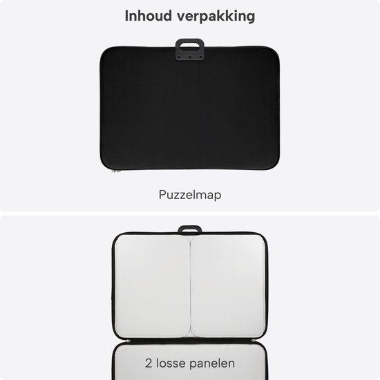 Zwarte puzzelmap met handvat, deksel open met 2 losse witte panelen.