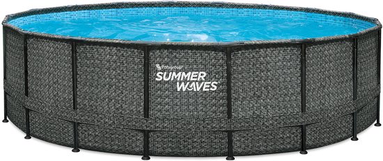 Rond Summer Waves zwembad met grijs gevlochten patroon en blauw water.