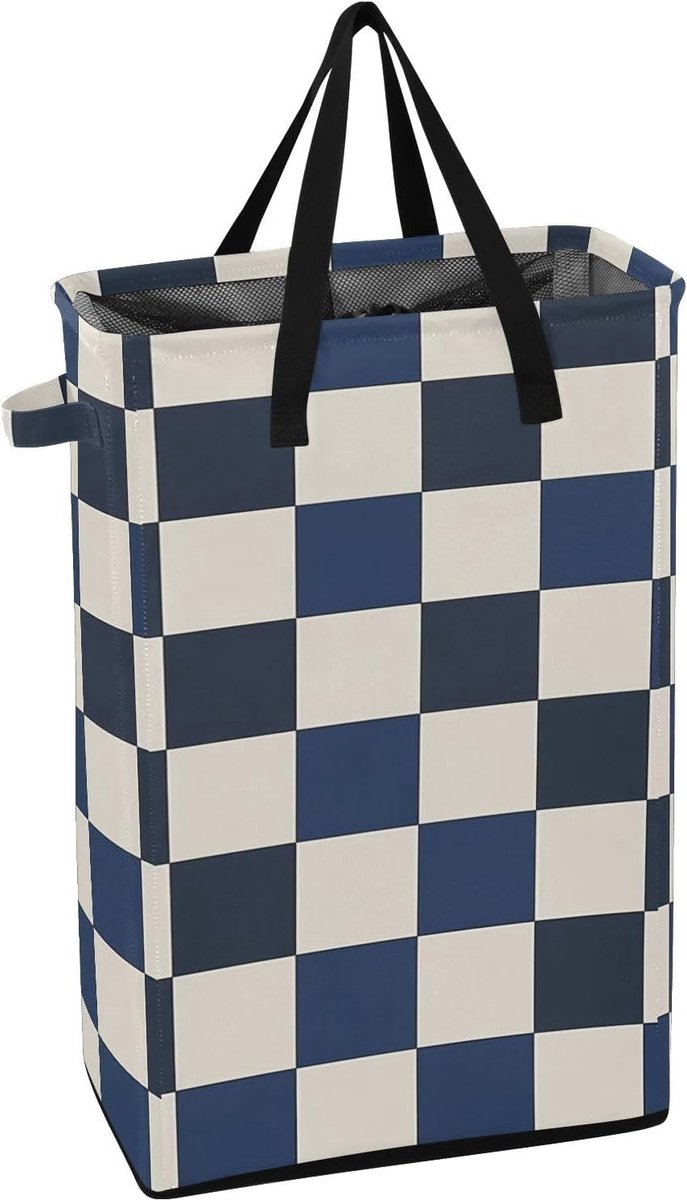 Smalle Was mand - Vuile kleding mand - Ruimte Besparen - Zelfstandig Staand Ontwerp - 48L Capaciteit - Blauw Wit Geruit