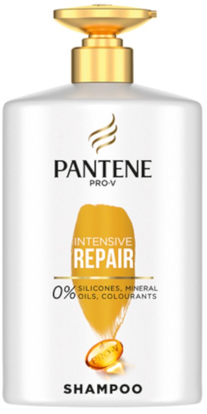 Shampoing Pantene Pro-V Réparation Intensive dans une bouteille blanche avec un distributeur à pompe doré.