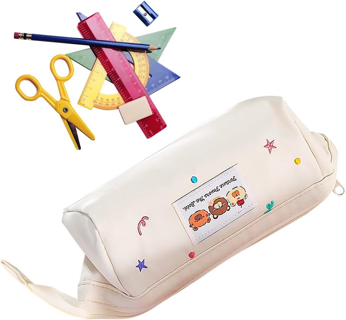 Schattig etui - Pennenhouder opbergtas - School en kantoor - Grote capaciteit - 21 x 7 x 10 cm - Crèmekleurig