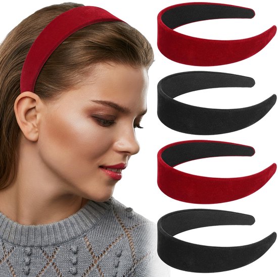 Dailygoods- Hoofdband Fluwelen 4 Stuks - Antislip Brede Haarband - Modieuze Effen Kleur - Vintage Haaraccessoires - Zwart/Rood - Luxe Draagervaring - Haarbanden