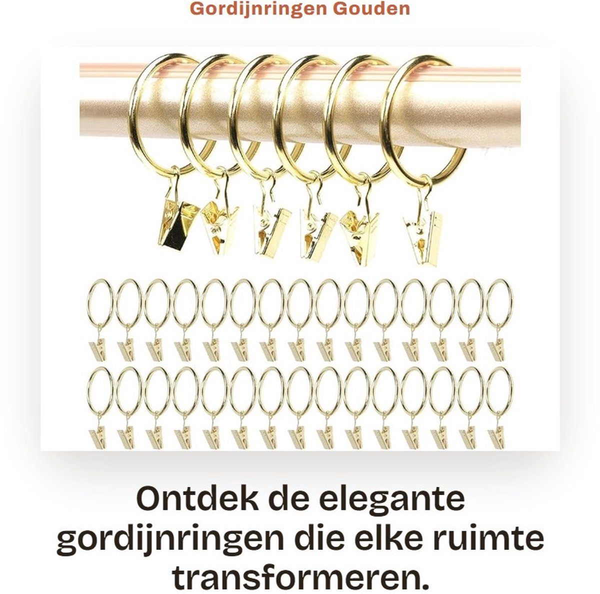 Gordijnringen met haken - 30 stuks - goud - 32 mm