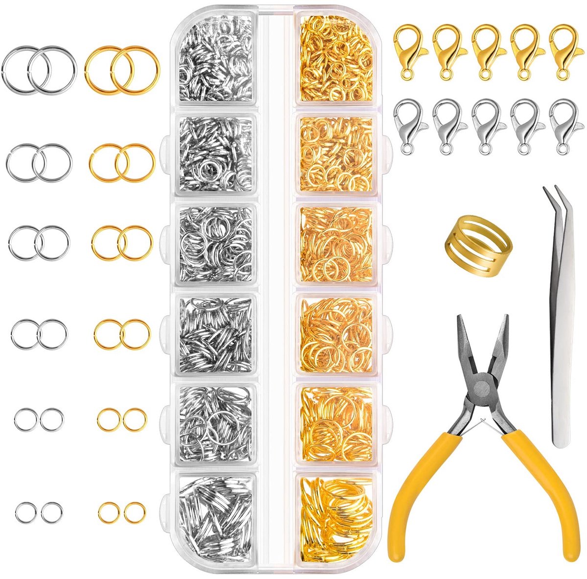 Dailygoods- Springringen 1540 Stuks - Goud/Zilver - Karabijnsluitingen - Sieradentang - Pincet - Sieradendoos 12 Raster - Sieradenmateriaal