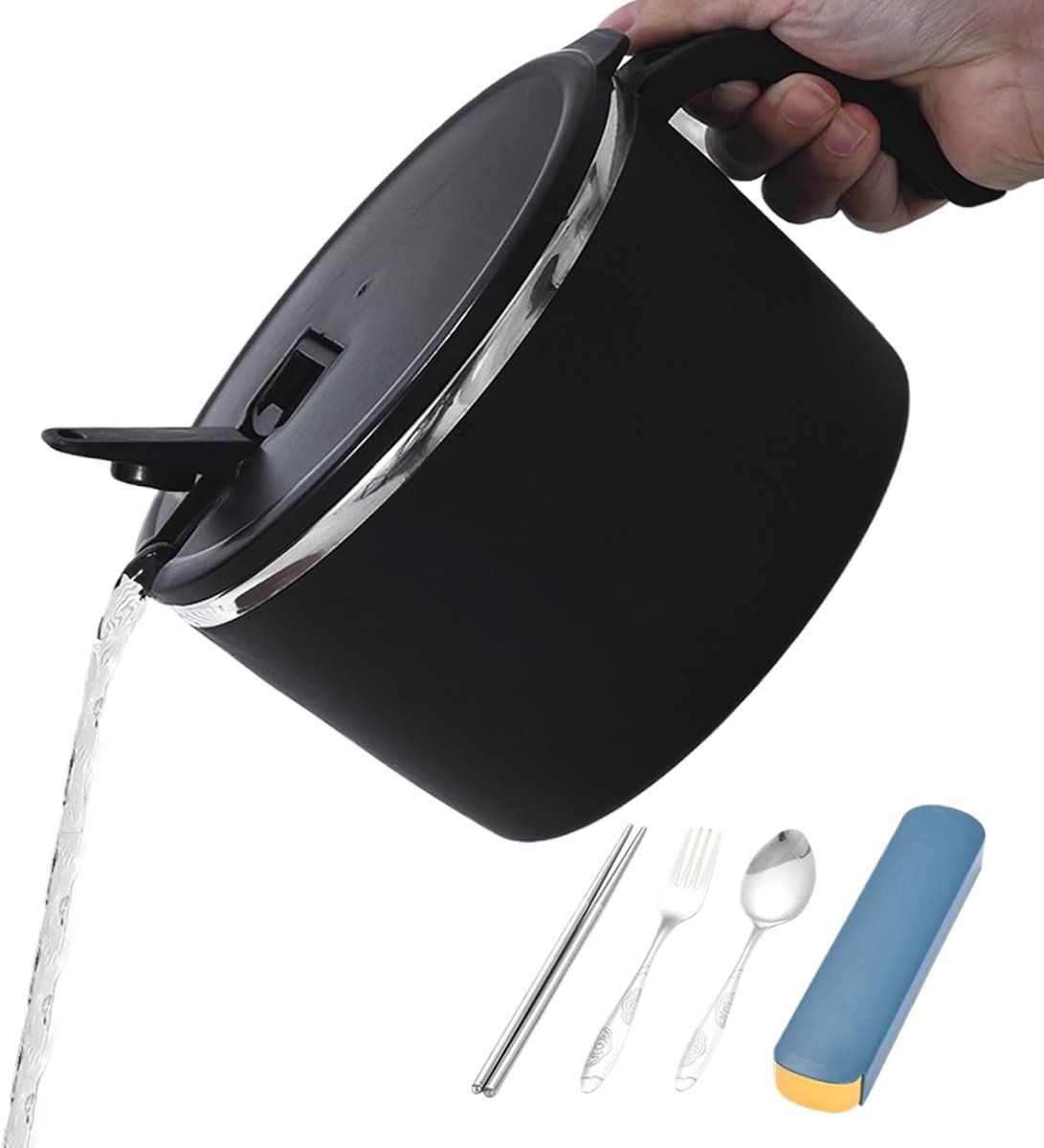 Pastakom met deksel - Thermo beker - Maaltijd meenemen - Dubbelwandige isolatie - 1350 ml - Zwart