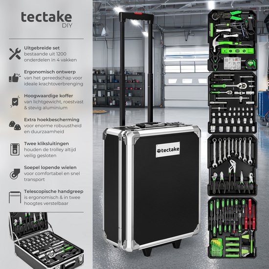 tectake® 1200-Delige Gereedschapskoffer - Gevuld - Gereedschapsset - Op Wielen - Gereedschapstrolley - Gereedschapskist met 4 Niveaus - Complete Gereedschap Set