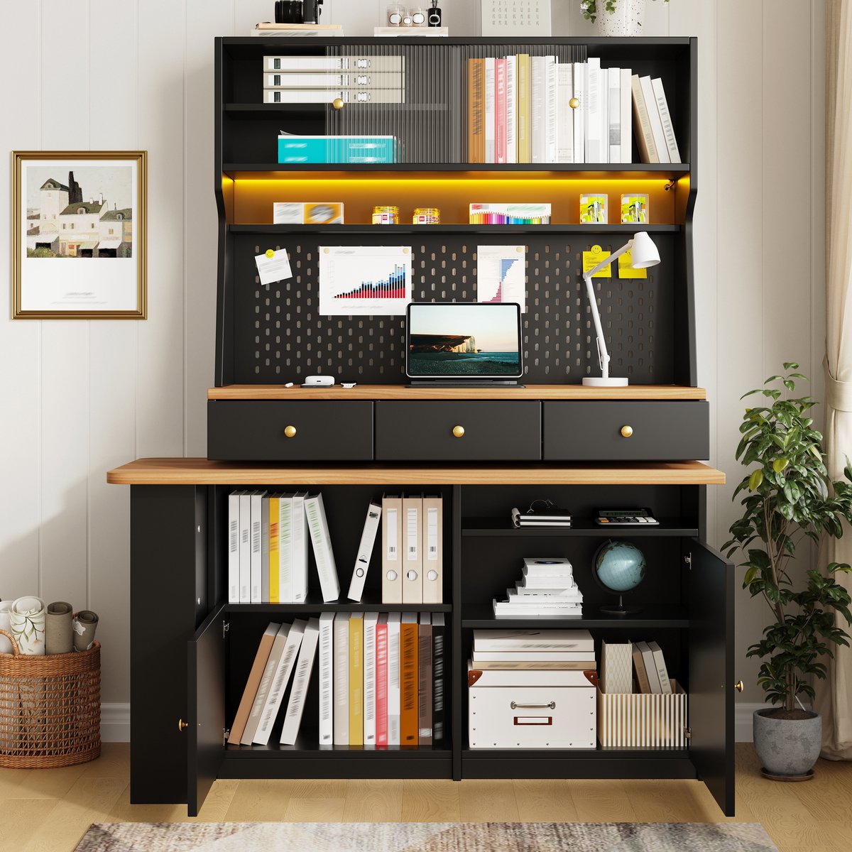 Hoog kastje met bureau en bar - boekenkast - met LED-verlichting en App-bediening - glazen deur met verstelbare planken - zwart