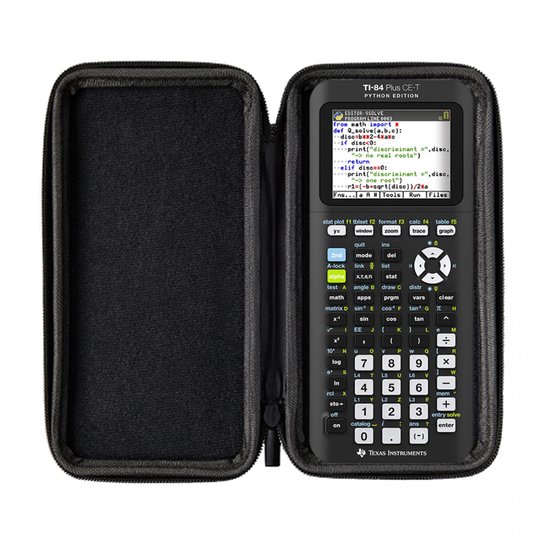 Zwarte TI-84 Plus CE-T Python Edition rekenmachine in een open zwarte etui.