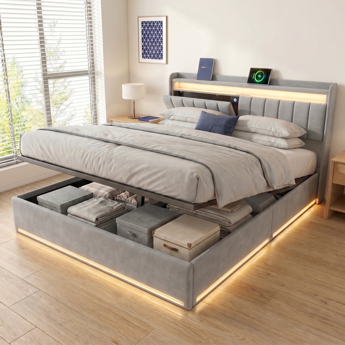 Mofor Gestoffeerd Opbergbed 140x200 cm - Tweepersoonsbed met RGB LED - Hoofdbord met plank en USB - Lattenbodem - Fluwelen - Grijs