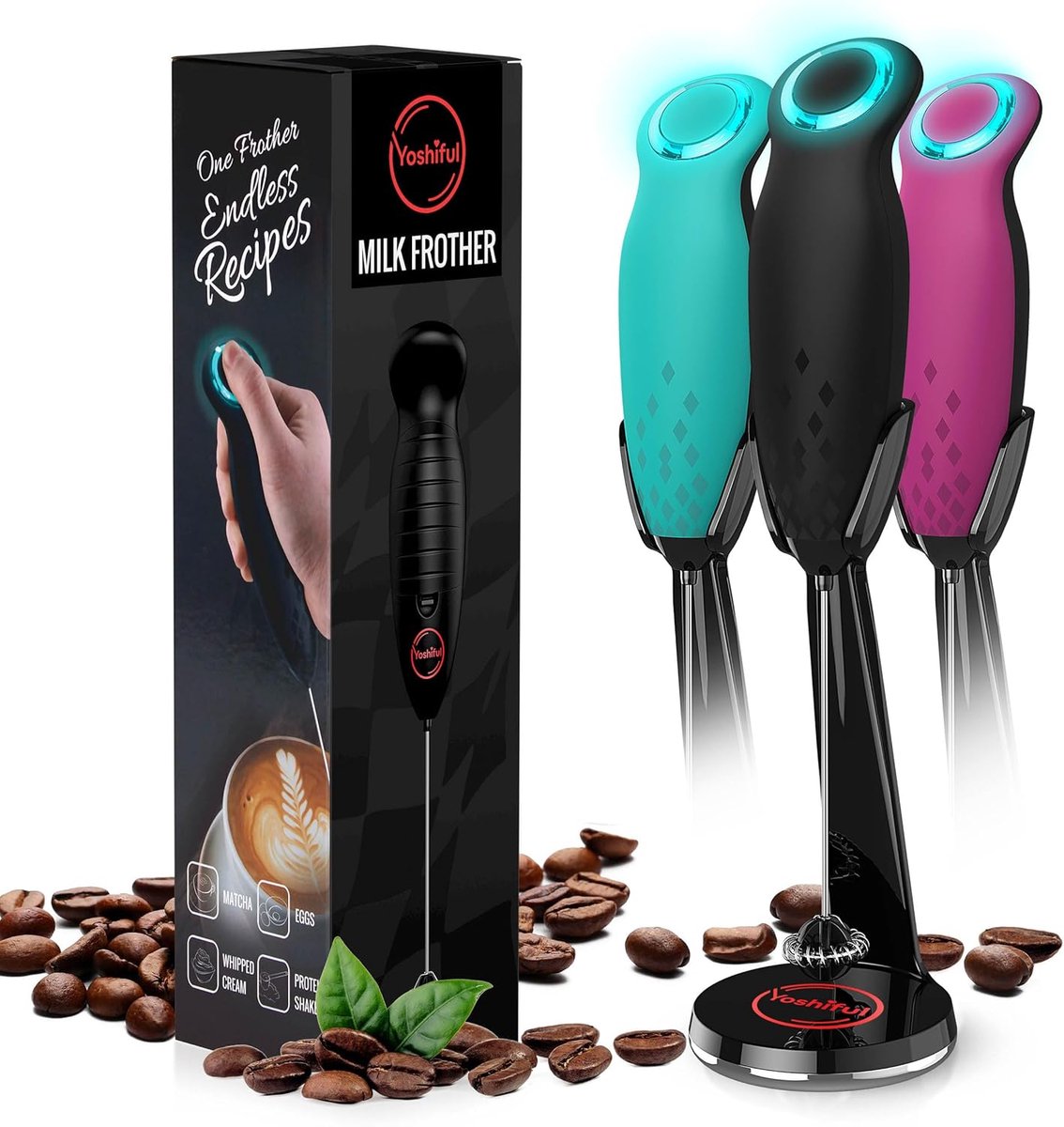 Melkopschuimer met standaard Handheld blender Koffie maken Turbine-garde 16 ounces Zwart