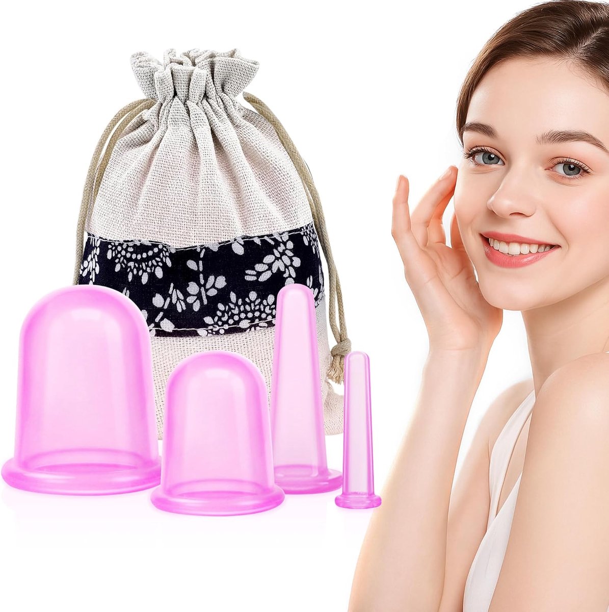 Schröpfen set - Massage cups - Huidverbetering gezicht - Vier maten - 4 stuks - Roze