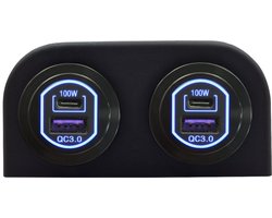 ProRide 12-24V USB/USB C Autolader 2 Poorten Opbouw - 100W QC3.0 - Tweevoudig Paneel - Blauw - 2 Stuks