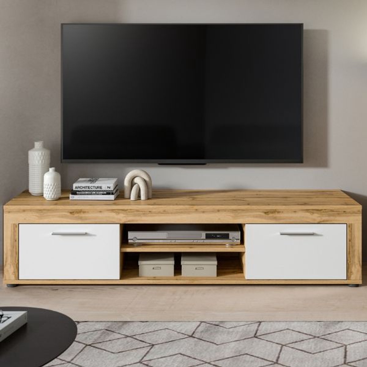 Tv-meubel Jam - 160x40x37cm - 2 Deuren - Wotan Eik/wit