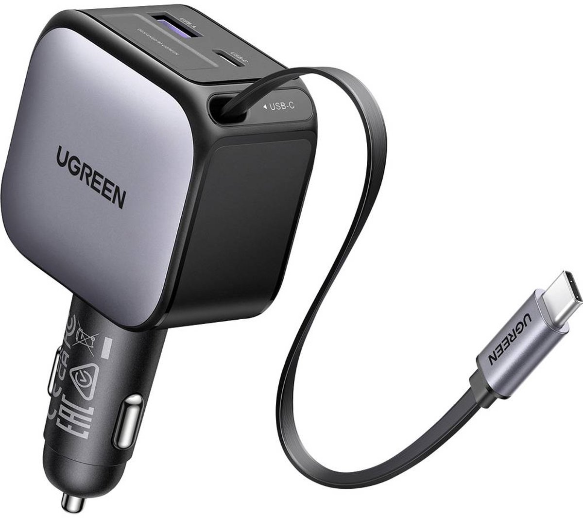 Image of UGREEN EC602 60W Car Charger Autolader 60 W 2x USB-C, 1x USB-A QC 3.0, USB PD 3.0 Grijs Auto, Vrachtwagen Opwikkelbare